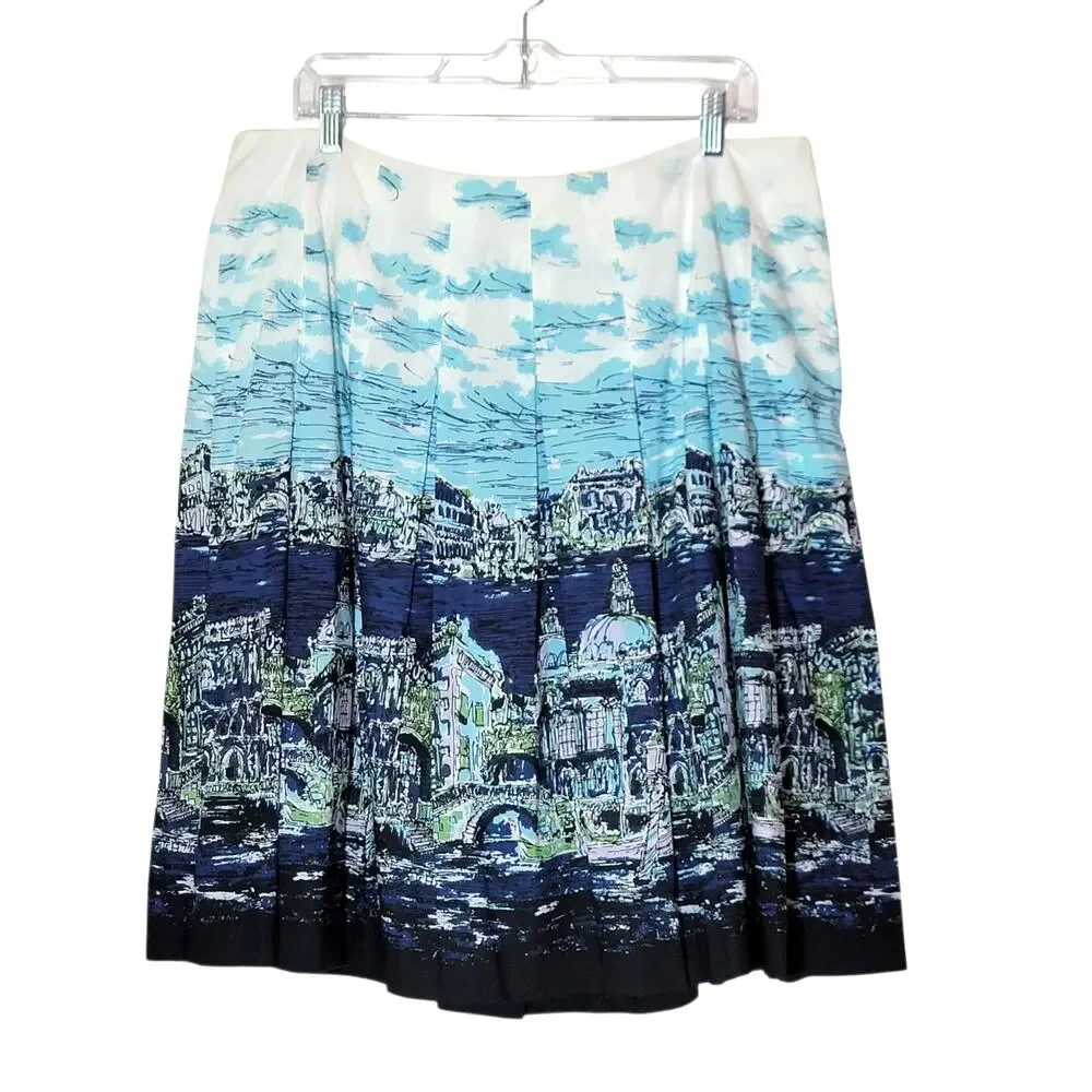 Talbots NWT Pleated Italian Landscape Print Cotton Skirt Blue White 14WP Coastal
